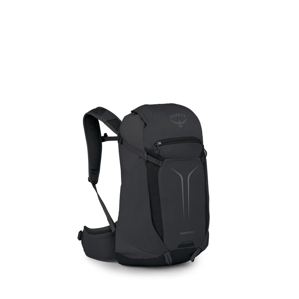 The image showcases a dark-colored backpack, presumably from the Osprey brand, given the visible logo on the top flap. This backpack features a streamlined, sleek design with a smooth exterior and a prominent front pocket that likely offers additional sto