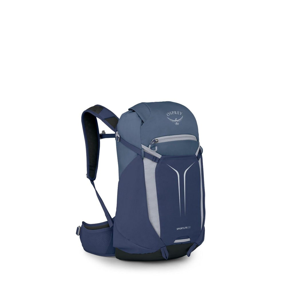 The image shows a blue and gray Osprey backpack with multiple segments and views. The backpack features the Osprey logo at the top, with an intricate design that includes various pockets and compartments for storage. It has a sleek, modern design with adj