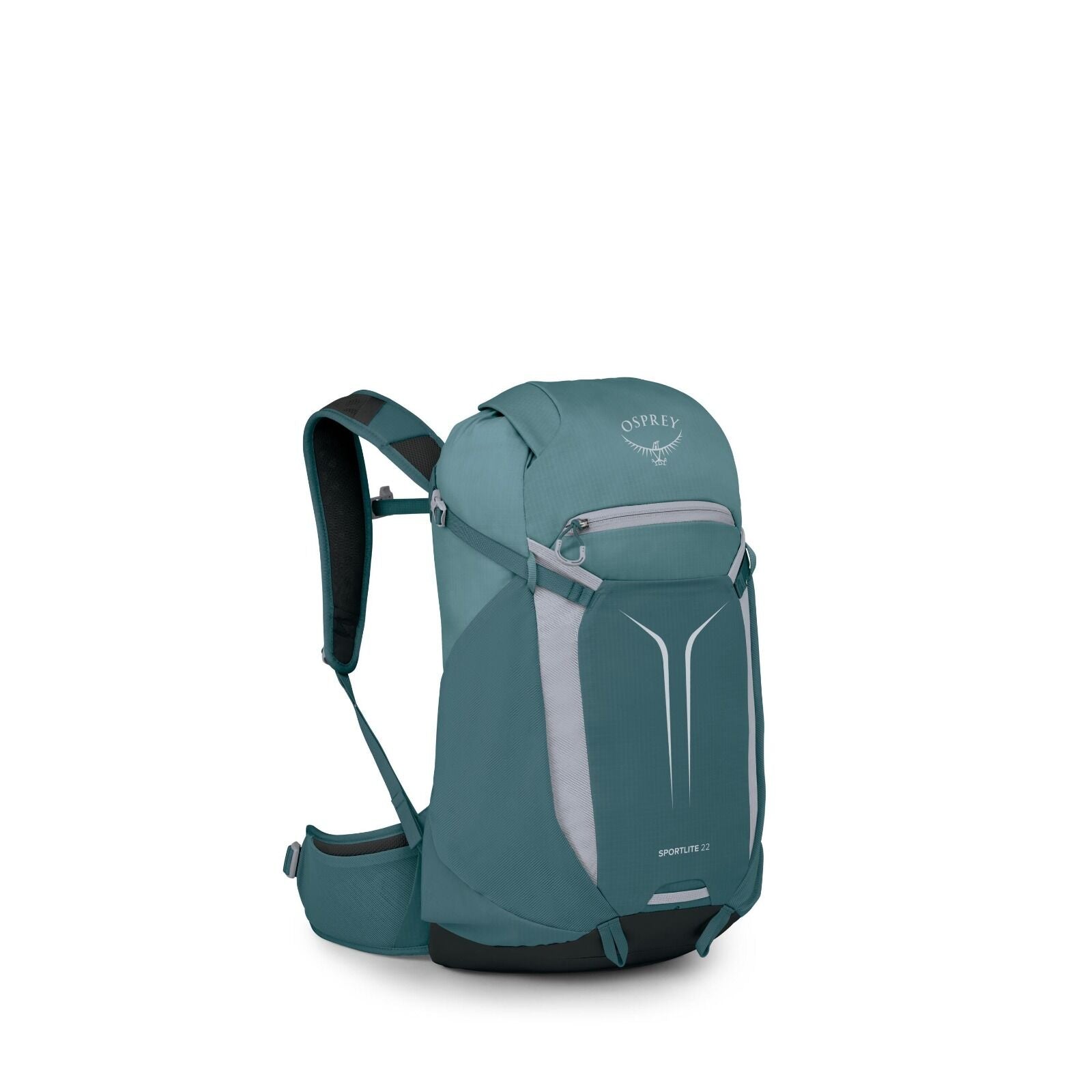 The image showcases a teal-colored Osprey backpack, labeled as the Sportlite 22. This backpack features a streamlined, modern design with gray accent panels and reflective elements on its front pocket. It includes adjustable shoulder straps, a chest strap