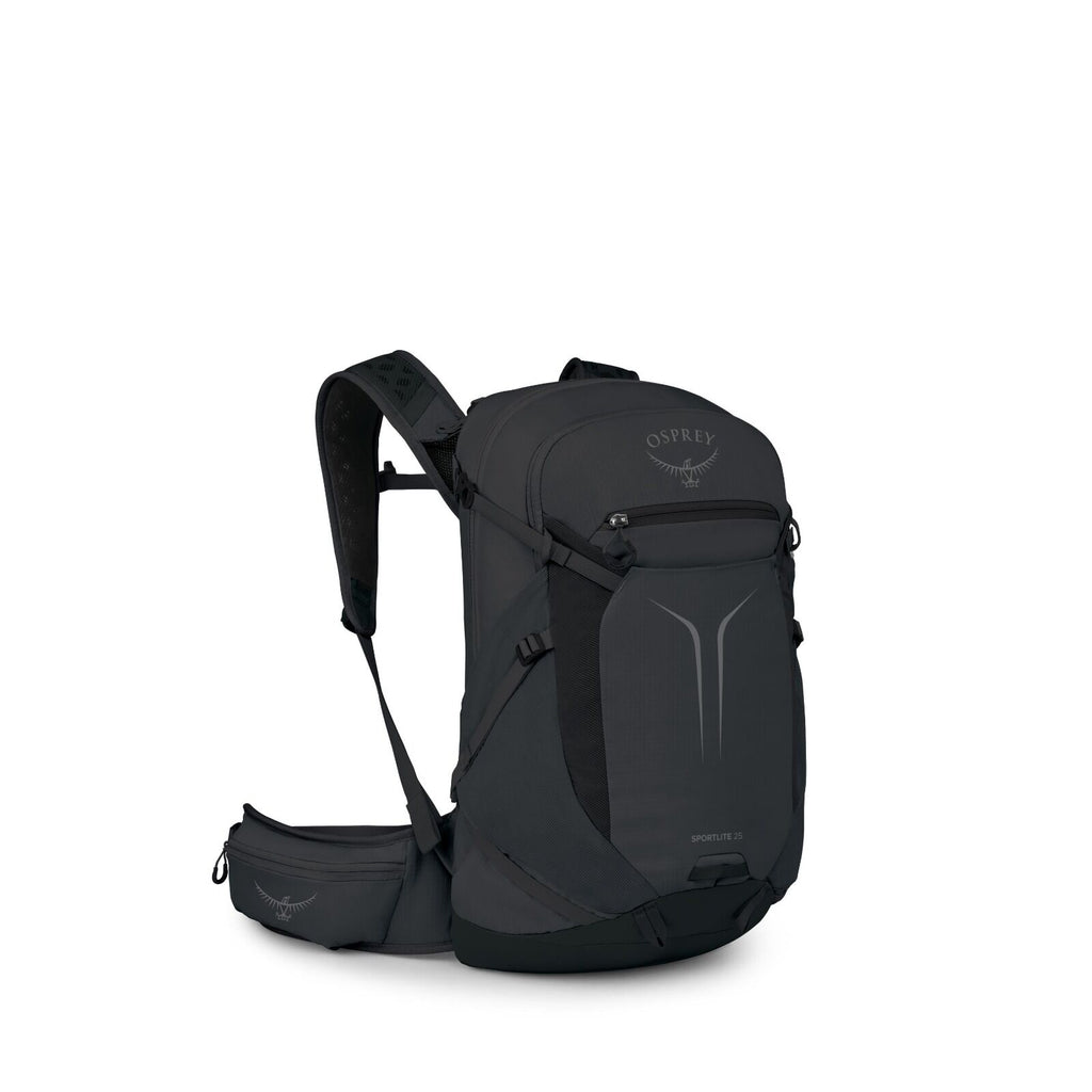The image features an Osprey backpack in a sleek black color with a modern design. The backpack appears to be an outdoor or hiking type, equipped with multiple compartments and straps for enhanced functionality and comfort. It has a curved, aerodynamic sh