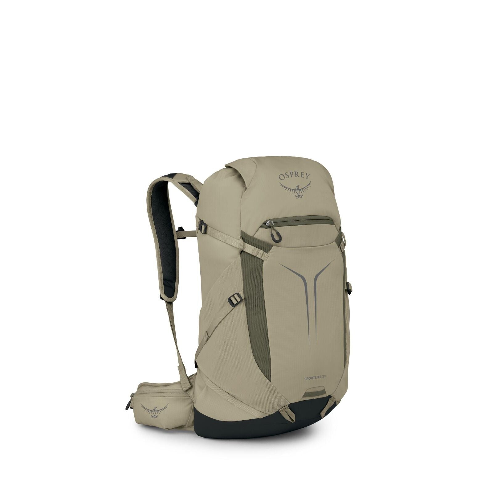 The image showcases a series of backpack designs by Osprey, with a focus on their Sportlite 20 model. The first image is a beige backpack featuring multiple compartments, adjustable straps, and a sleek design, suitable for hiking and outdoor activities. T