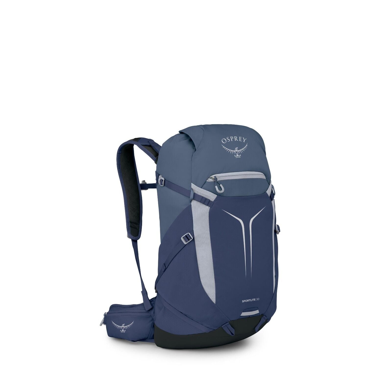 The image showcases a high-quality hiking backpack by Osprey, specifically the Sportlite 30 model. This backpack is predominantly dark blue with lighter blue accents, featuring reflective elements and well-padded shoulder straps for comfort. It is designe