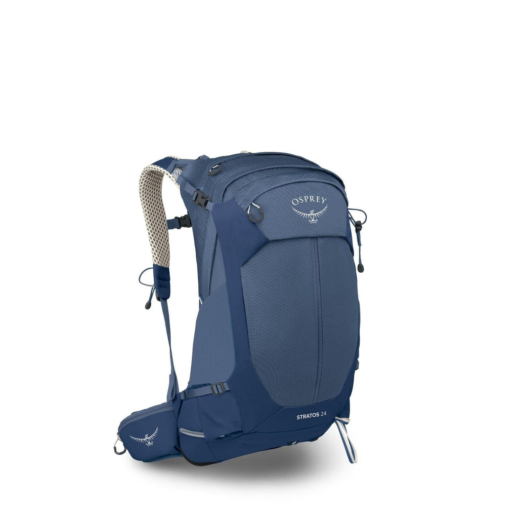 The image showcases an Osprey Stratos 24 backpack in a deep blue color. The backpack is designed for outdoor activities, featuring a sleek and ergonomic design with multiple compartments and adjustable straps for comfort. The Osprey logo is prominently di