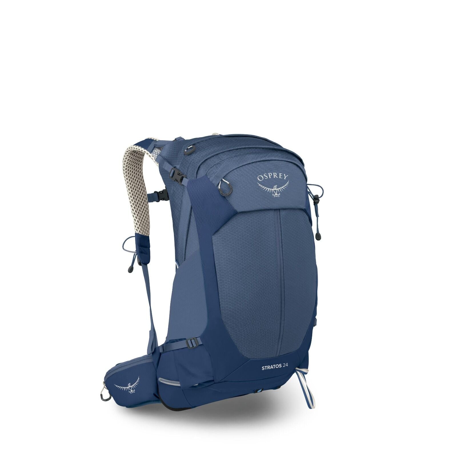 The image showcases an Osprey Stratos 24 backpack in a deep blue color. The backpack is designed for outdoor activities, featuring a sleek and ergonomic design with multiple compartments and adjustable straps for comfort. The Osprey logo is prominently di