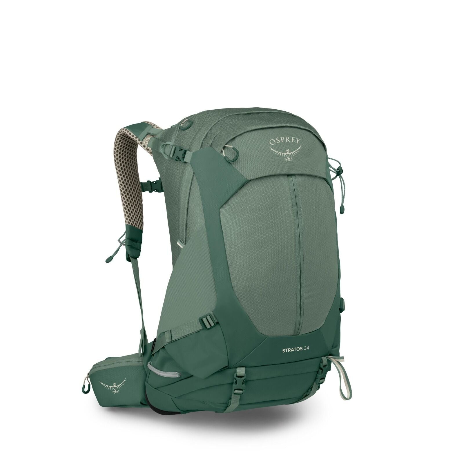 The image displays a green Osprey backpack, specifically the Stratos 34 model. It has a sleek and structured design with various compartments and straps for adjustments and attachments, making it suitable for outdoor activities and hiking. The backpack fe