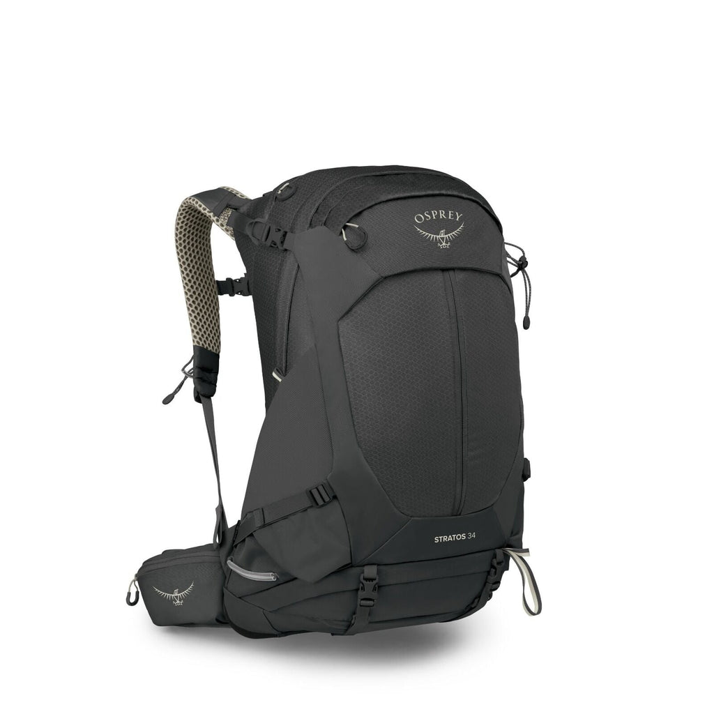 The images depict a black Osprey Stratos 34 backpack, showcasing different views and components of the backpack. The backpack features a sleek and compact design, suitable for hiking or travel, with a large main compartment and various pockets for organiz