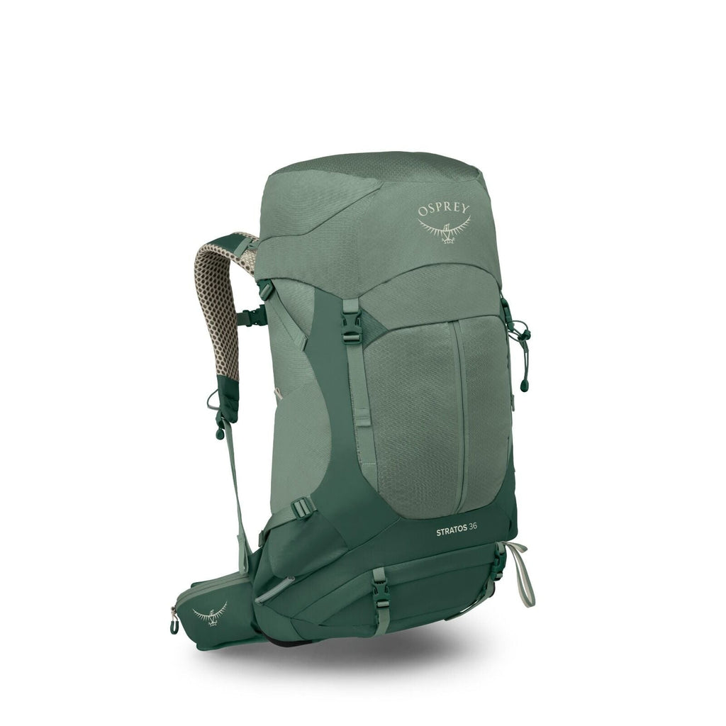 The image depicts a series of deconstructed views of an Osprey Stratos 36 backpack, with each subsequent image breaking the backpack down into smaller components. In the first image, the complete backpack is visible, showcasing its forest green color, var