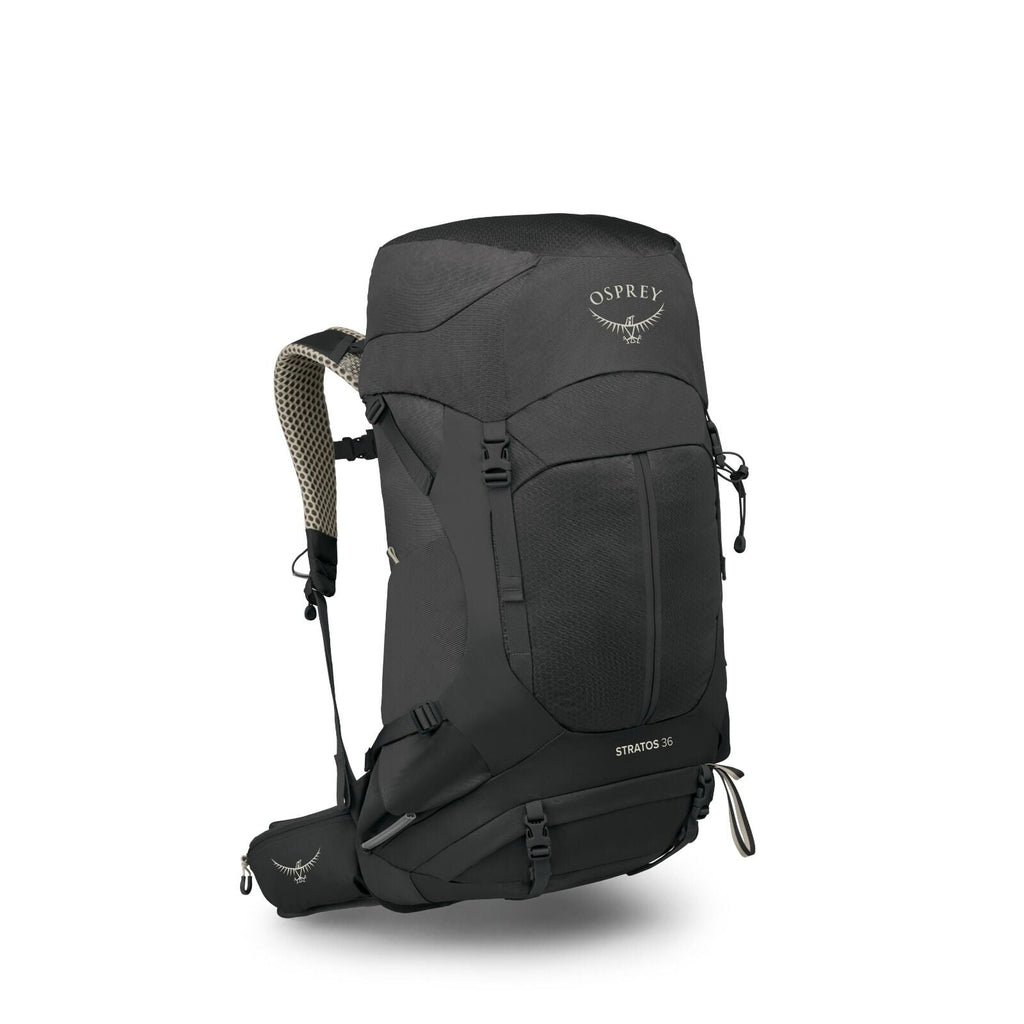 The image features a black Osprey Stratos 36 backpack designed for hiking and outdoor activities. The backpack has a sleek and modern design with several compartments and straps for functionality and convenience. On the top flap, the Osprey logo is promin