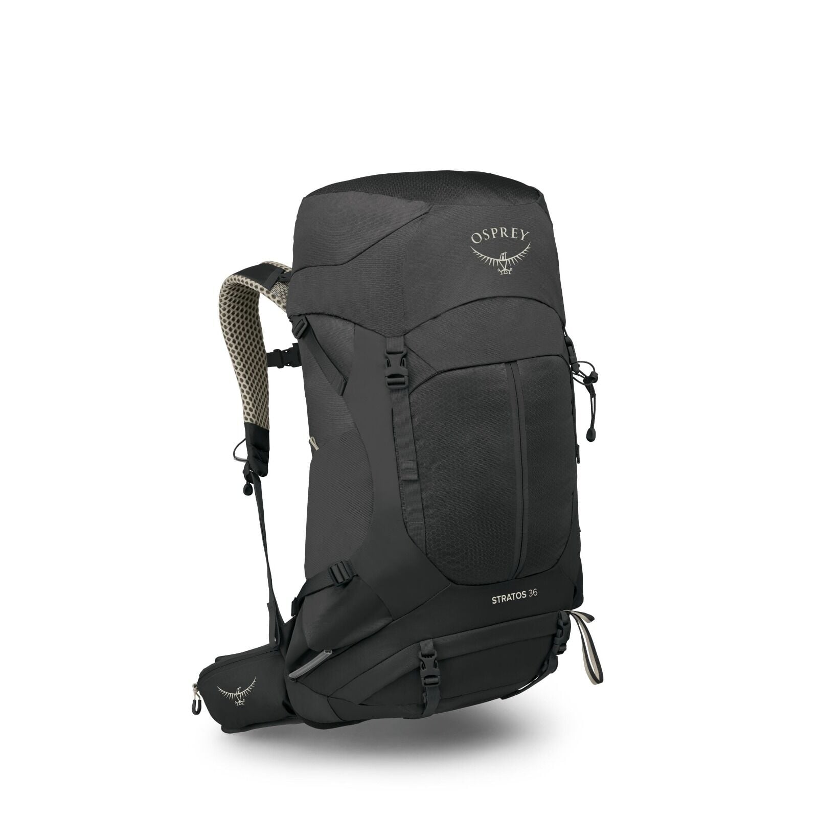 The image features a black Osprey Stratos 36 backpack designed for hiking and outdoor activities. The backpack has a sleek and modern design with several compartments and straps for functionality and convenience. On the top flap, the Osprey logo is promin