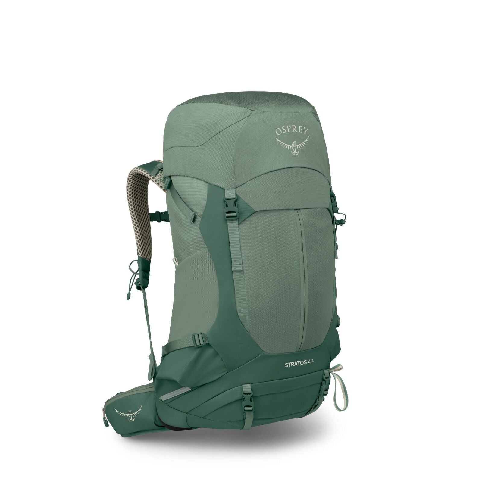 The image displays an Osprey Stratos 44 hiking backpack in a green color. The backpack features a sleek design with multiple adjustable straps, mesh padding on the shoulder straps, and a spacious top-loading main compartment. There are buckles and straps