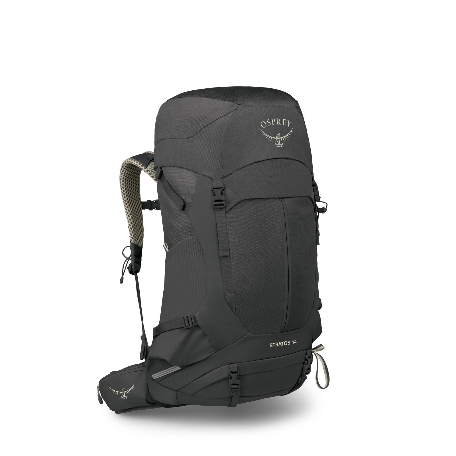 The image features an Osprey Stratos 44 backpack, designed for outdoor activities like hiking and camping. The backpack is black with the Osprey logo prominently displayed on the top flap. It has multiple adjustable straps for securing gear and ensuring a