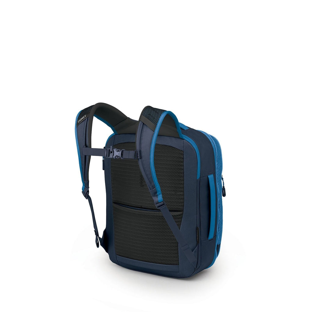 Side back image of Osprey's Transporter Travel Pack 26+6 in the color Blue Flame
