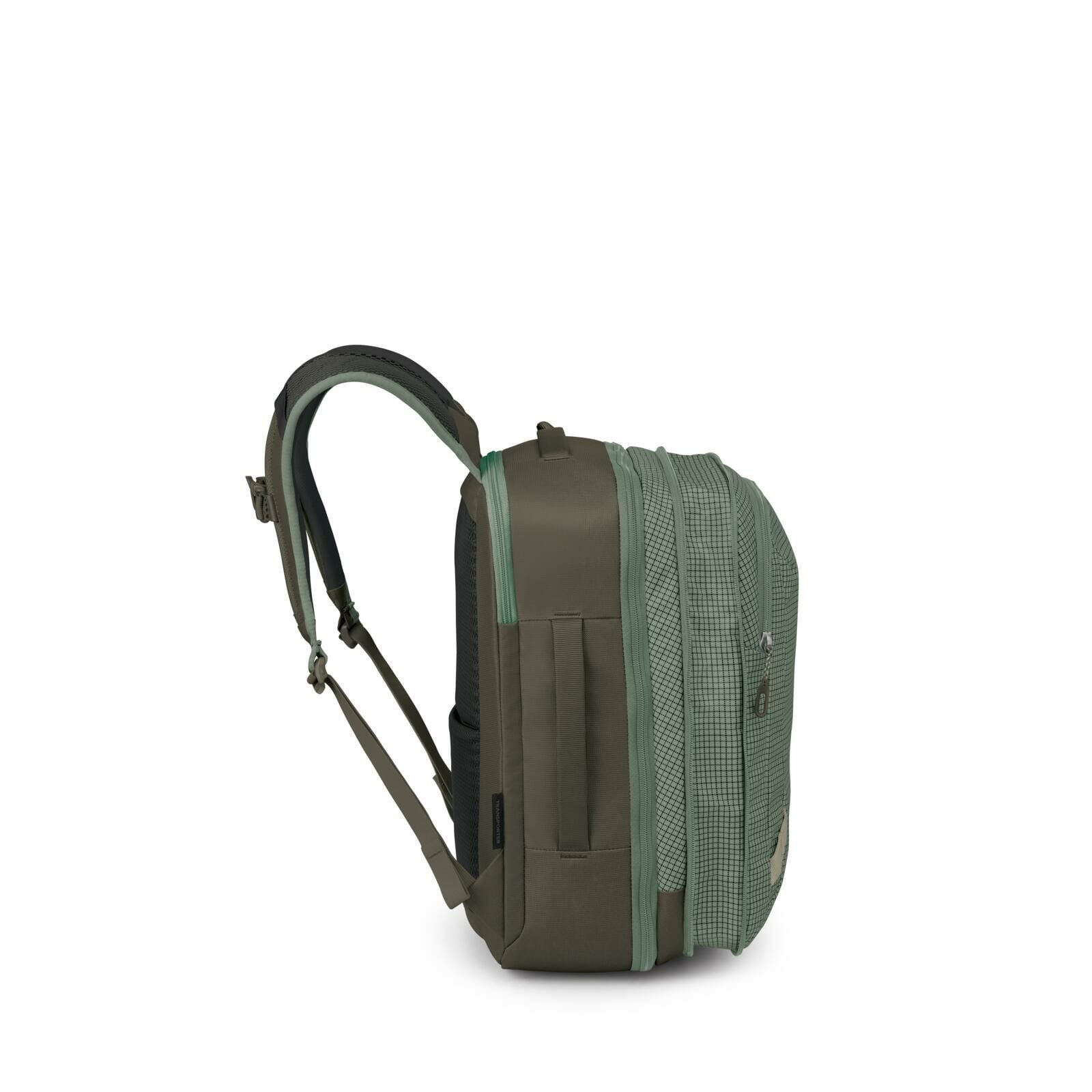 Side image of Osprey's Transporter Travel Pack 26+6 in the color Pine Leaf