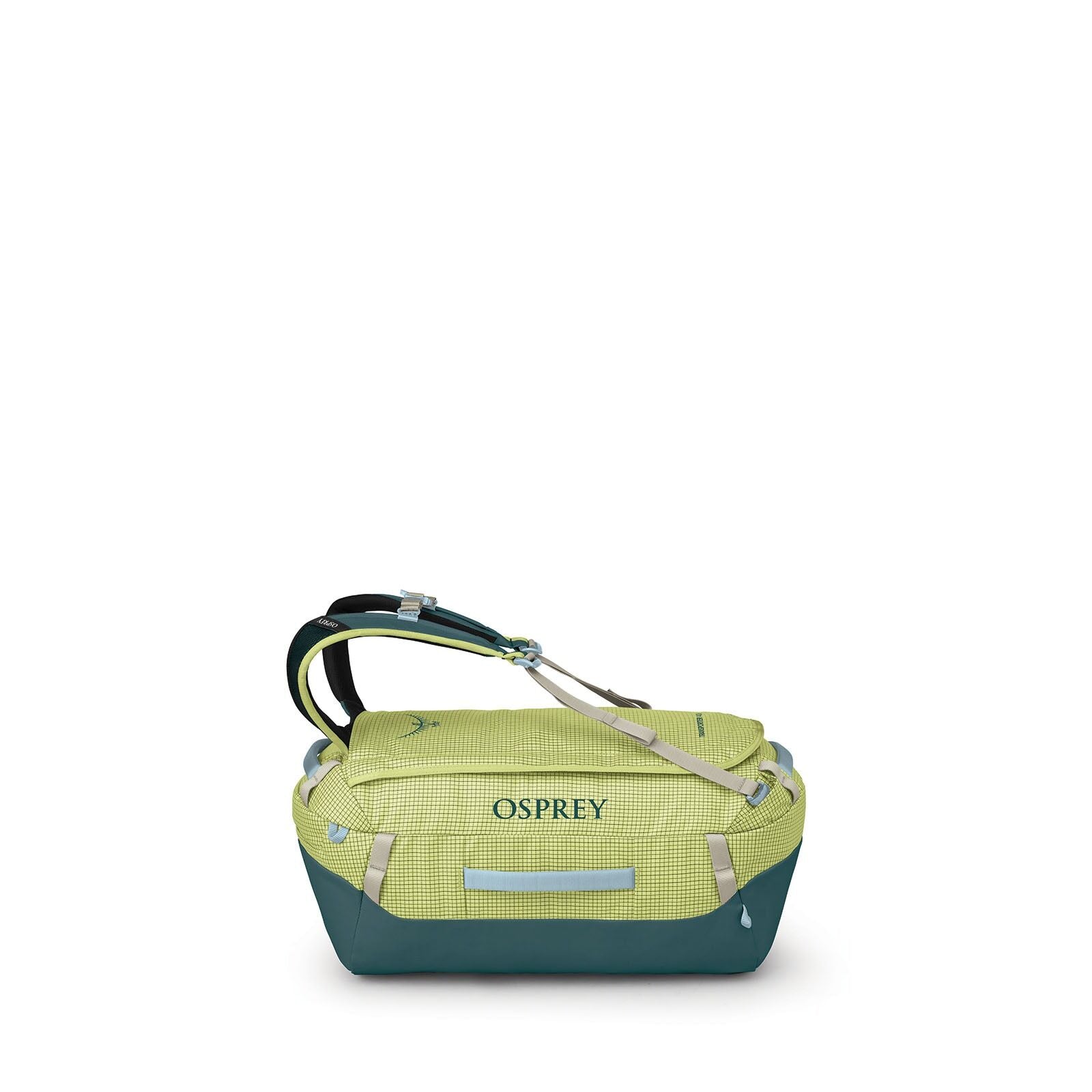The image features a lime green Osprey backpack with a modern and sporty design. It includes several side views, showcasing the intricate details such as straps and compartments. The bag has a textured surface with dark blue accents on the base and around