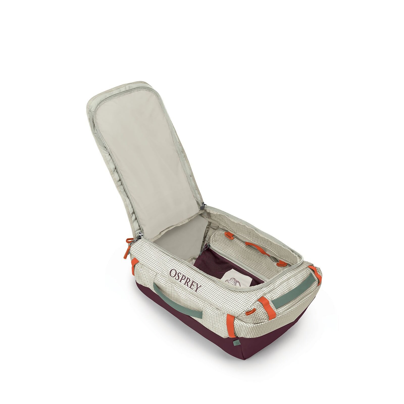 On body image of the Osprey Transporter Duffel 40 in the color Mystery white