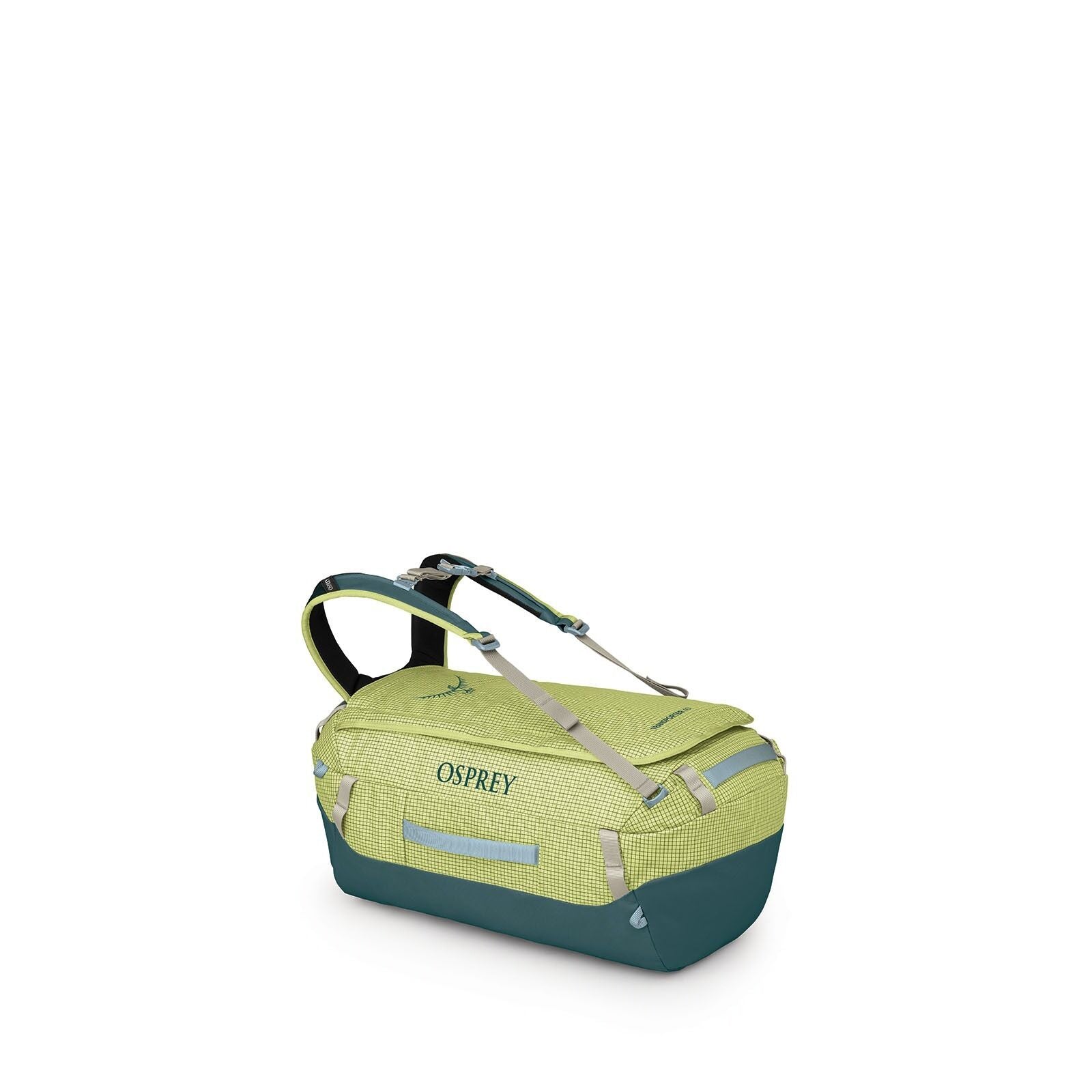 Side image of Osprey's Transporter duffel 40 in the color Glow Dew / Torrent Blue