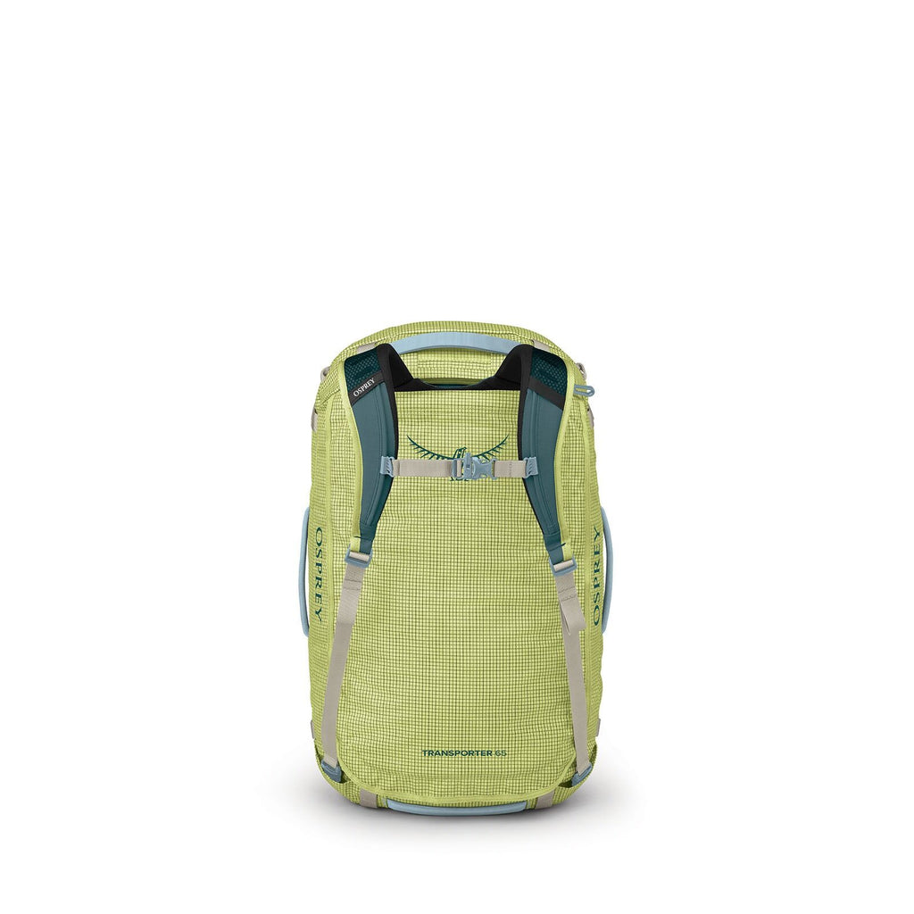 The image shows a series of photographs of aac green Osprey duffel bag from various angles and states of assembly. The bag has a two-tone design, predominantly light green with darker green bottom and straps. It's labeled with the Osprey brand name on its