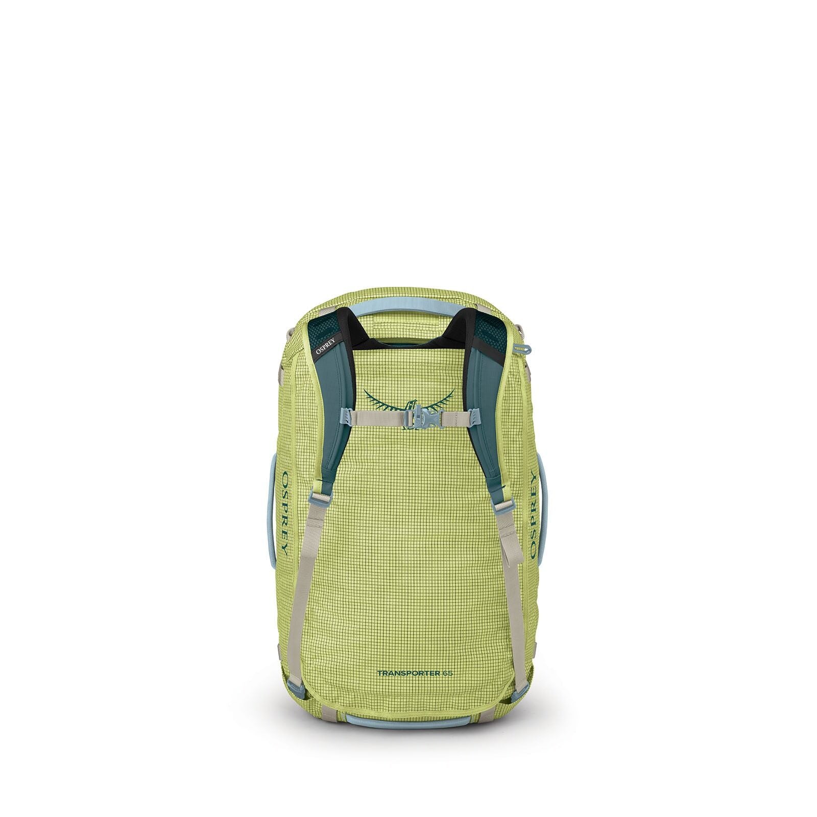 The image shows a series of photographs of aac green Osprey duffel bag from various angles and states of assembly. The bag has a two-tone design, predominantly light green with darker green bottom and straps. It's labeled with the Osprey brand name on its