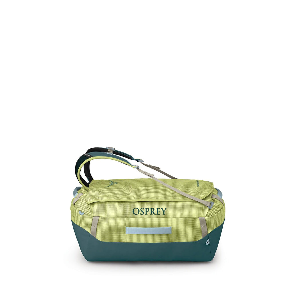 The images show a series of breakdowns of a green and dark teal Osprey bag. The bag features a prominent OSPREY logo in dark green against a light green grid-patterned background. It has adjustable straps and multiple handles, suitable for versatile carry