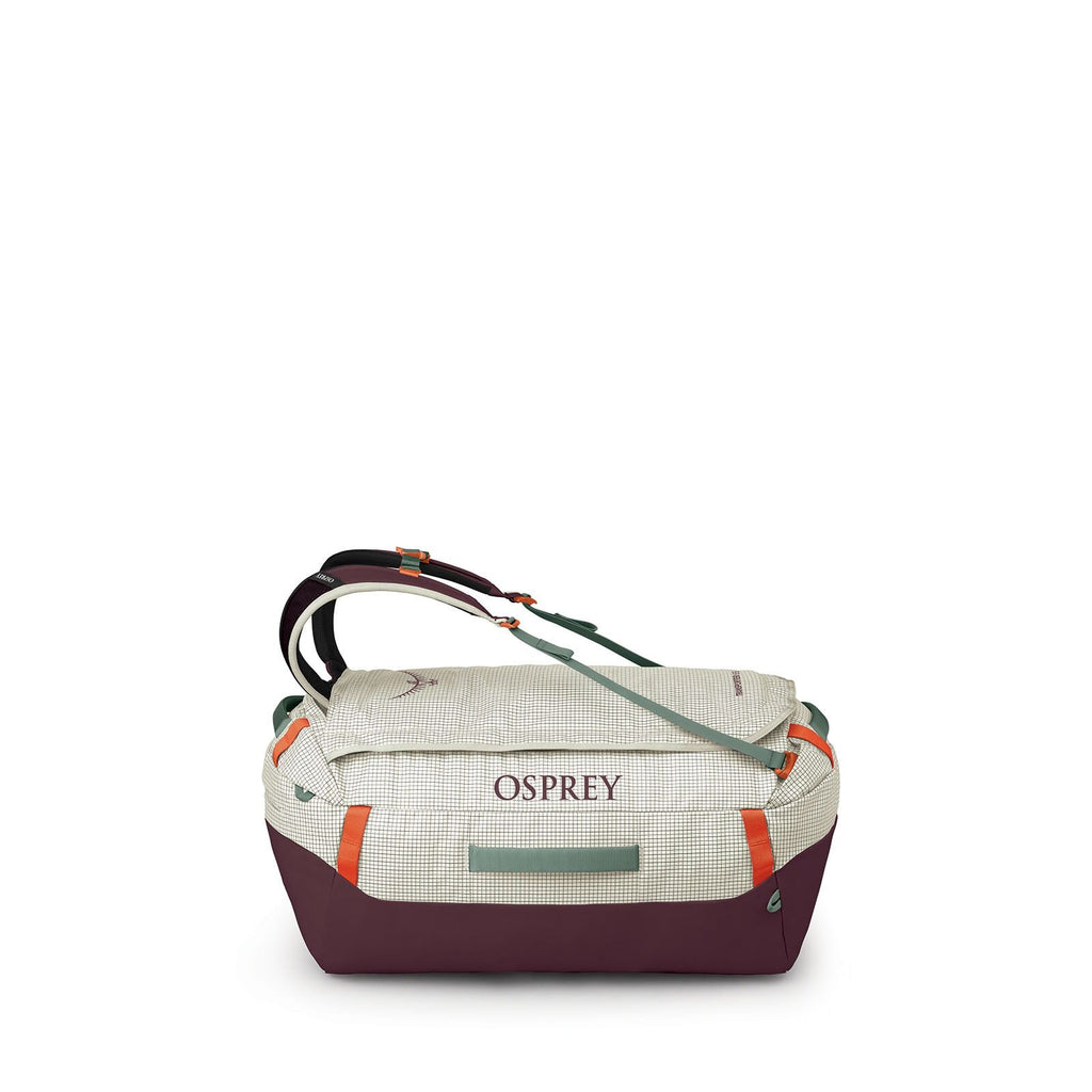The image showcases an Osprey branded duffel bag in various stages of color separation. The bag features a checkered pattern in light green and white with a contrasting deep maroon bottom. Accents of orange and dark green are present in the straps and han