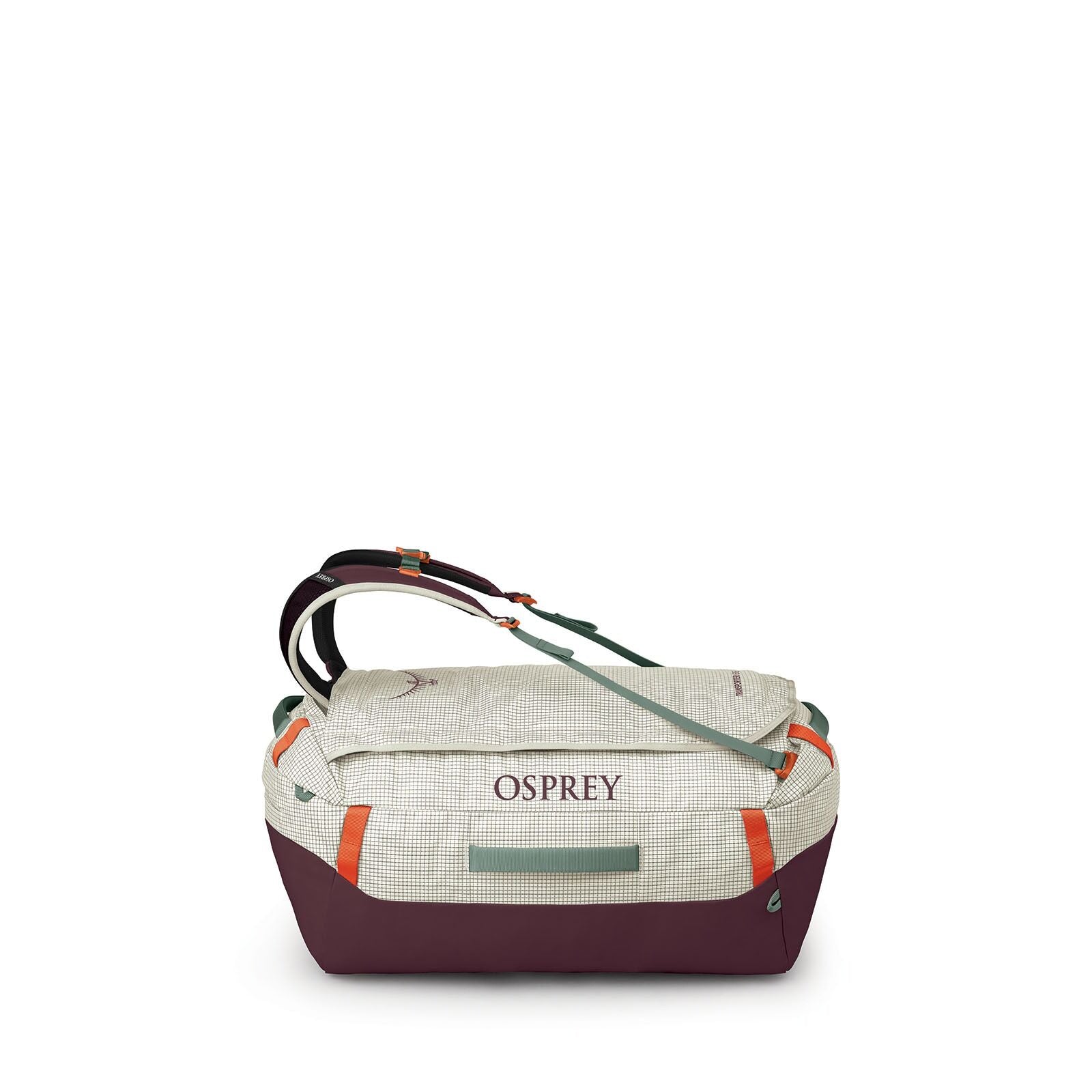 The image showcases an Osprey branded duffel bag in various stages of color separation. The bag features a checkered pattern in light green and white with a contrasting deep maroon bottom. Accents of orange and dark green are present in the straps and han