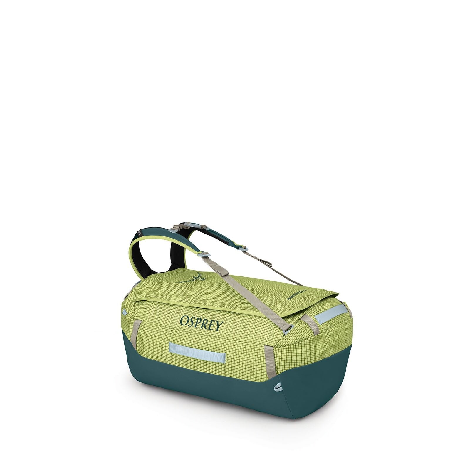 The image shows a series of photographs of aac green Osprey duffel bag from various angles and states of assembly. The bag has a two-tone design, predominantly light green with darker green bottom and straps. It's labeled with the Osprey brand name on its