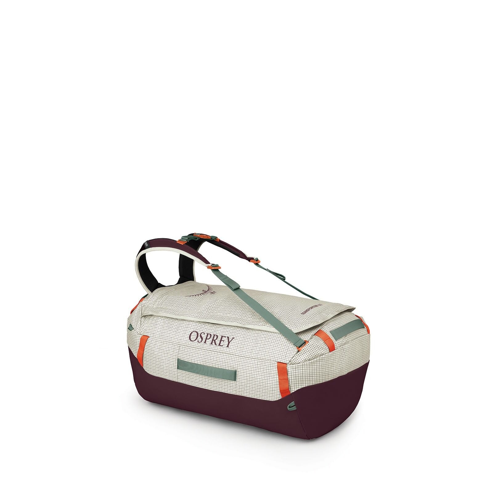 The image showcases an Osprey duffel bag in various stages of color separation. The bag has a distinct design with a burgundy base and a light beige body, accented with green straps and orange highlights. The Osprey logo is prominently displayed on the si
