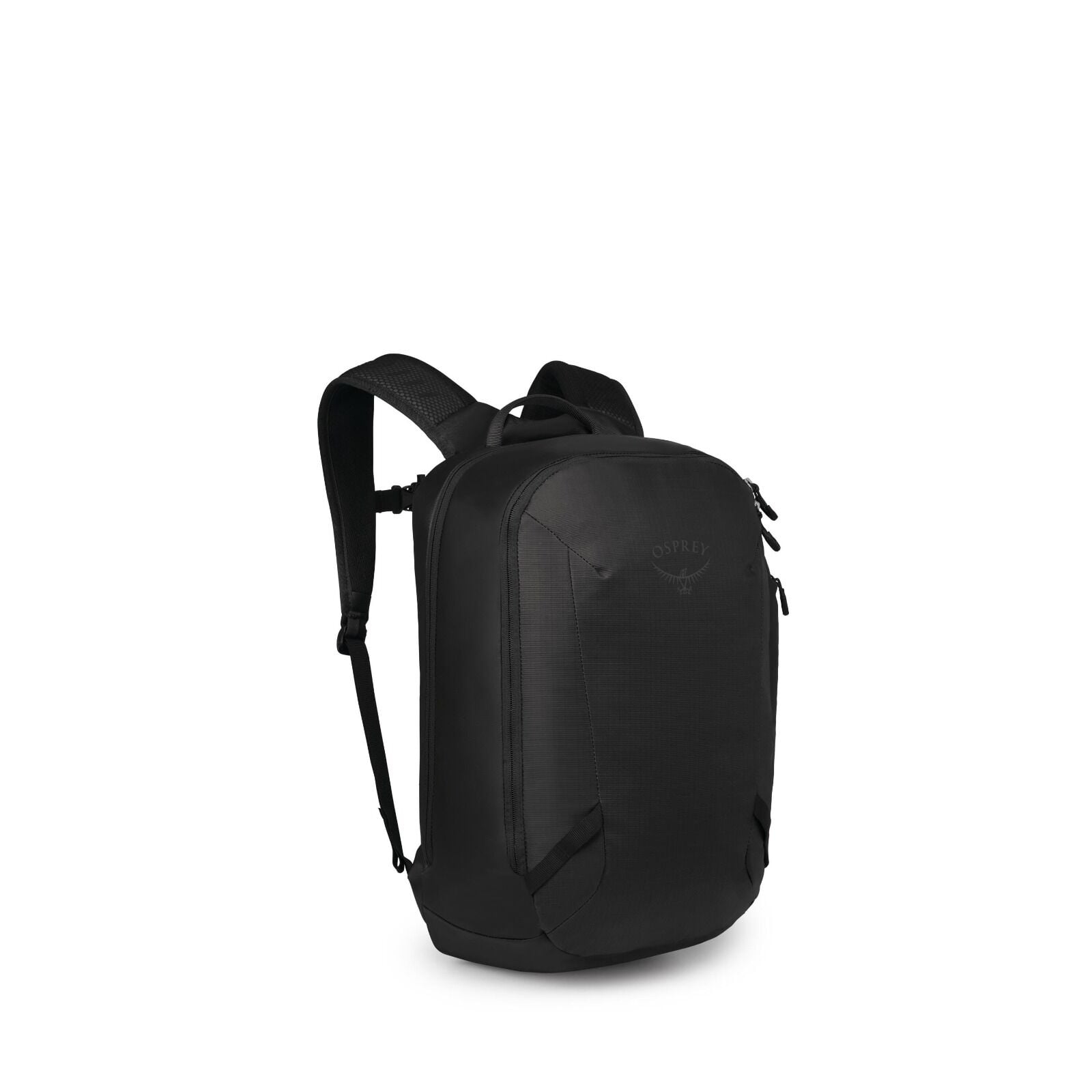 A sleek black Osprey backpack is shown at a three-quarter angle against a plain white background. It has a streamlined, rectangular silhouette with rounded edges and minimal external pockets. The shoulder straps look padded, and there's a sturdy top grab