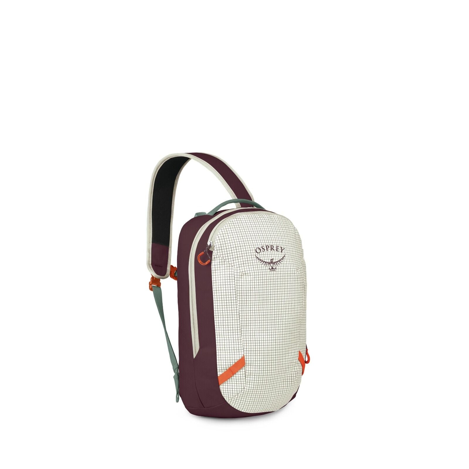 The image features an Osprey backpack with a modern design and a color scheme of maroon, cream, and orange accents. The backpack has a checkered pattern on the front panel and is equipped with a sturdy-looking handle and a single padded shoulder strap tha