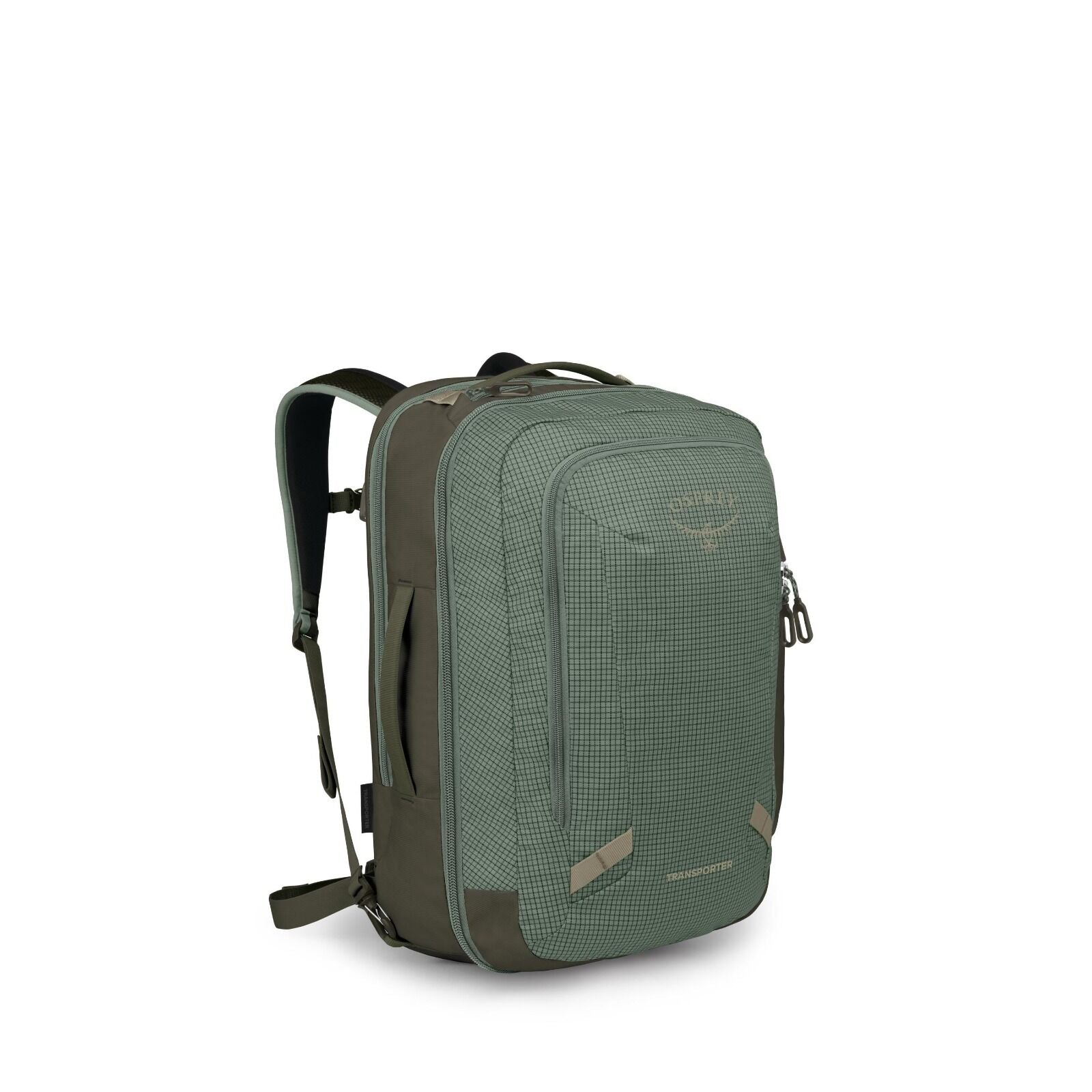 The images show a green travel backpack with a subtle grid pattern and dark olive panels. It has a large rectangular silhouette with multiple zippered compartments, including a front pocket, and padded shoulder straps with a sternum strap and hip belt. Th