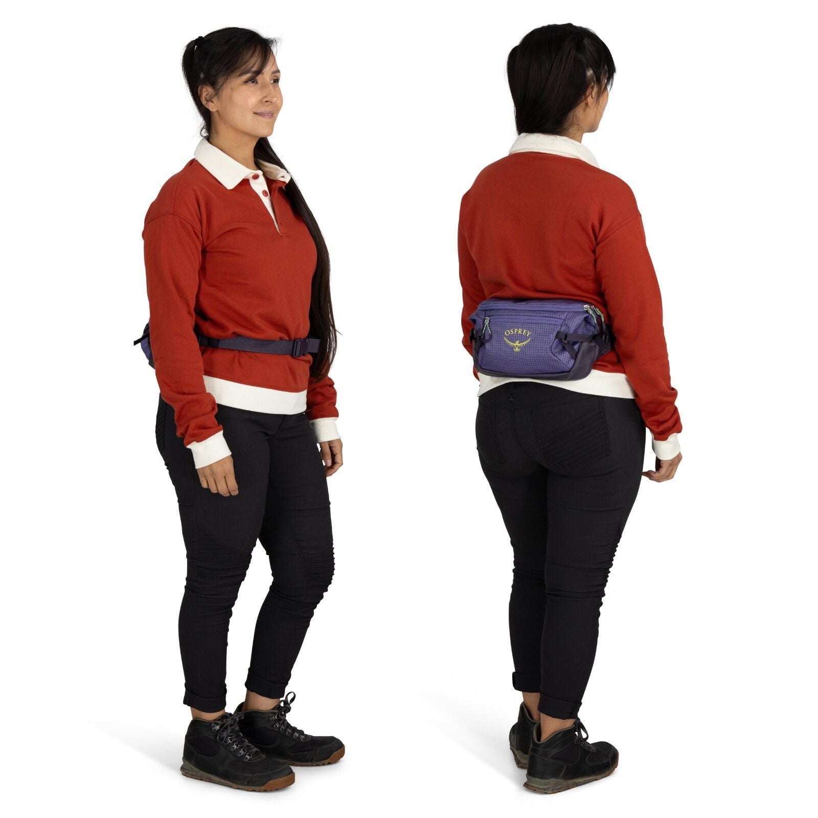 On-body image of the Transporter Waist Pack in the color Euphoria Purple