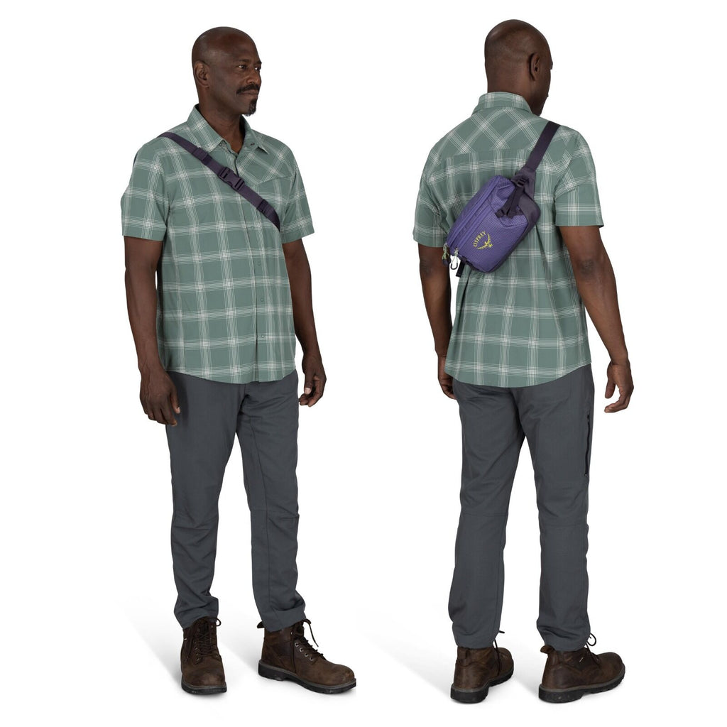 On-body image of the Transporter Waist Pack in the color Euphoria Purple
