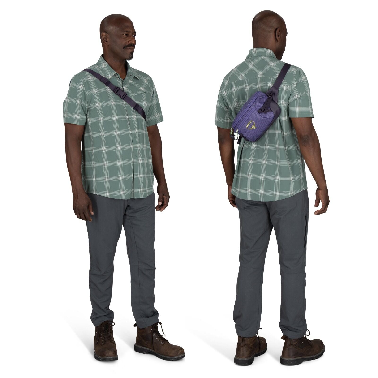On-body image of the Transporter Waist Pack in the color Euphoria Purple