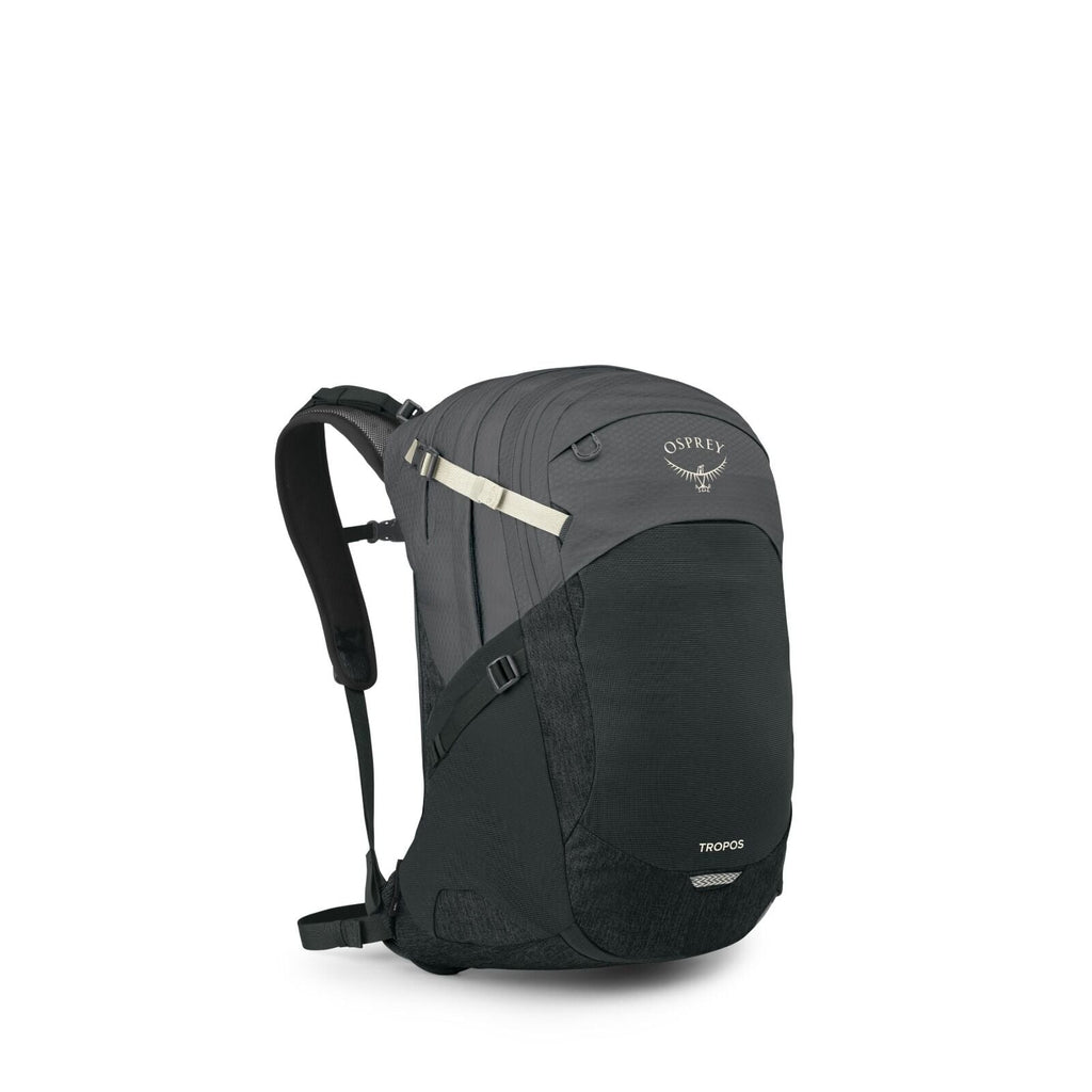 The images show an Osprey brand backpack named Tropos, designed with a sleek and modern aesthetic. The main color is a dark gray with subtle black accents, and it features the Osprey logo prominently displayed at the top. The backpack is equipped with com