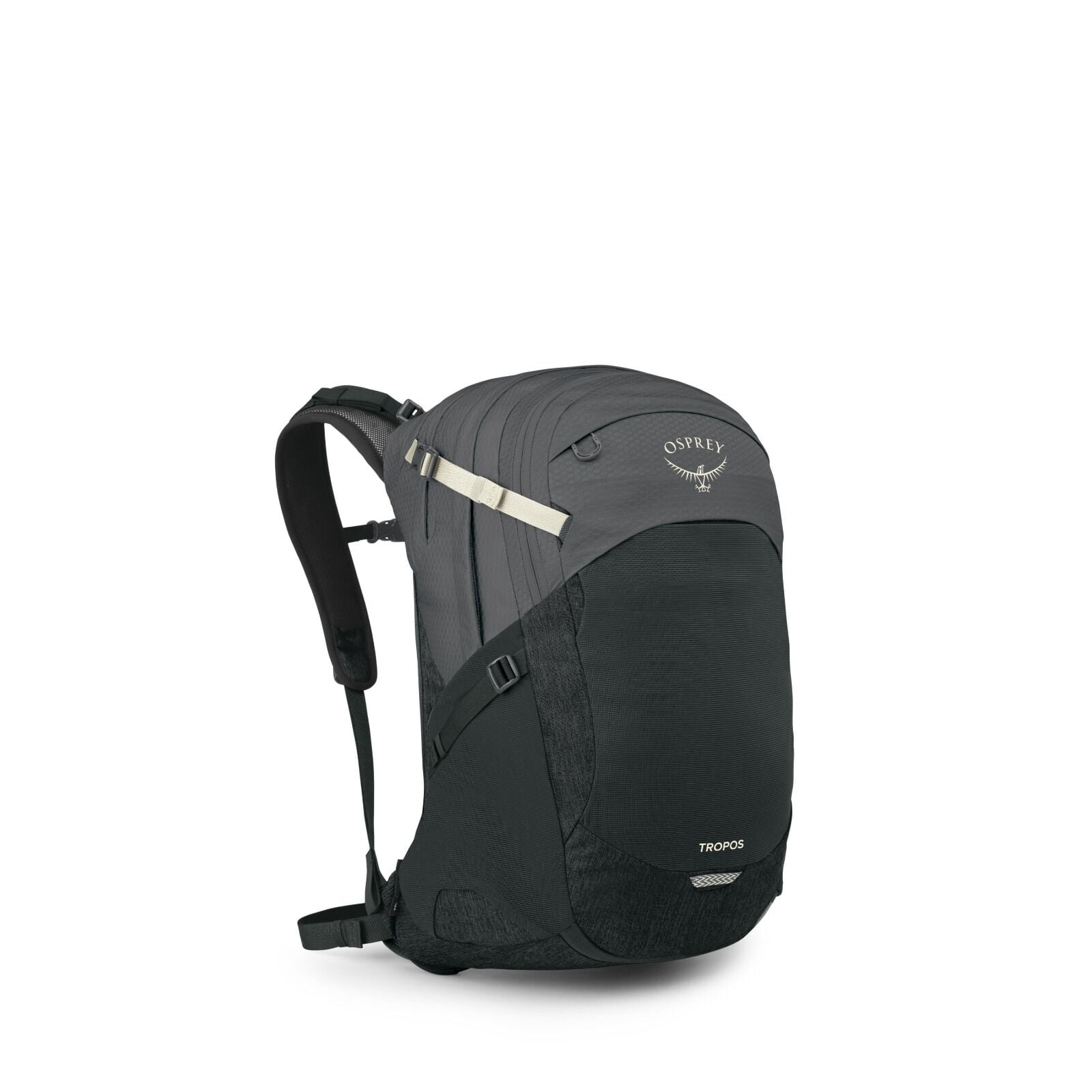 The images show an Osprey brand backpack named Tropos, designed with a sleek and modern aesthetic. The main color is a dark gray with subtle black accents, and it features the Osprey logo prominently displayed at the top. The backpack is equipped with com