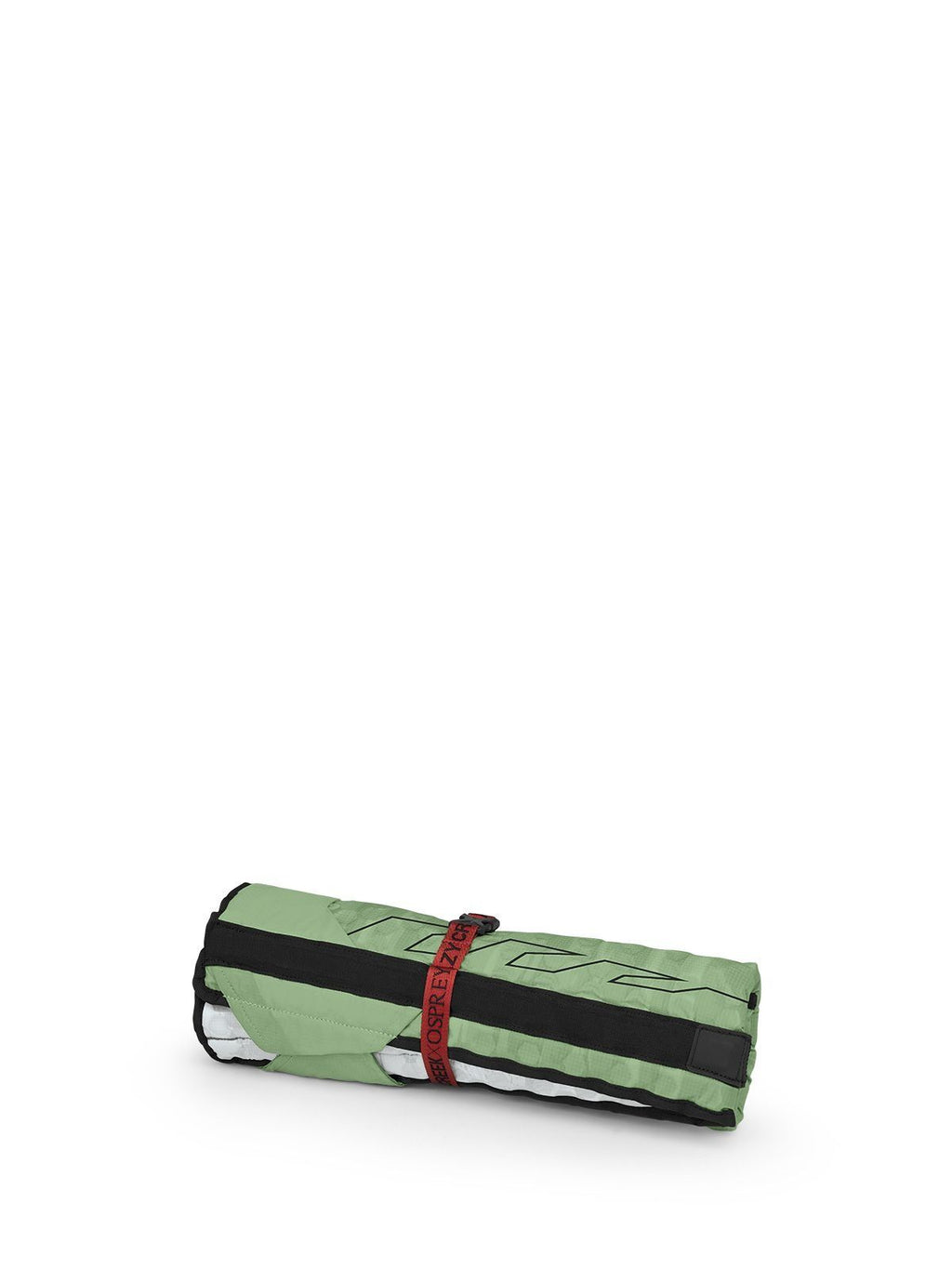 Rolled green camping chair secured with a black strap, featuring a sleek design and subtle geometric patterns.