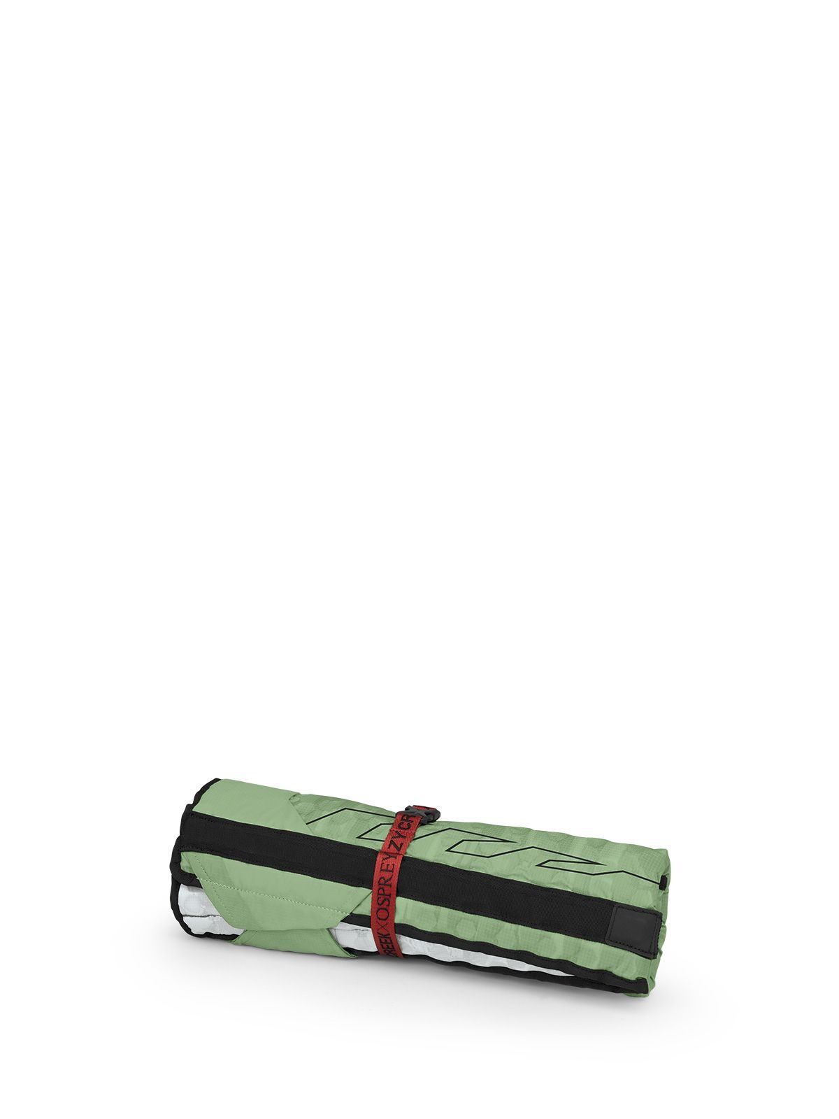 Rolled green camping chair secured with a black strap, featuring a sleek design and subtle geometric patterns.