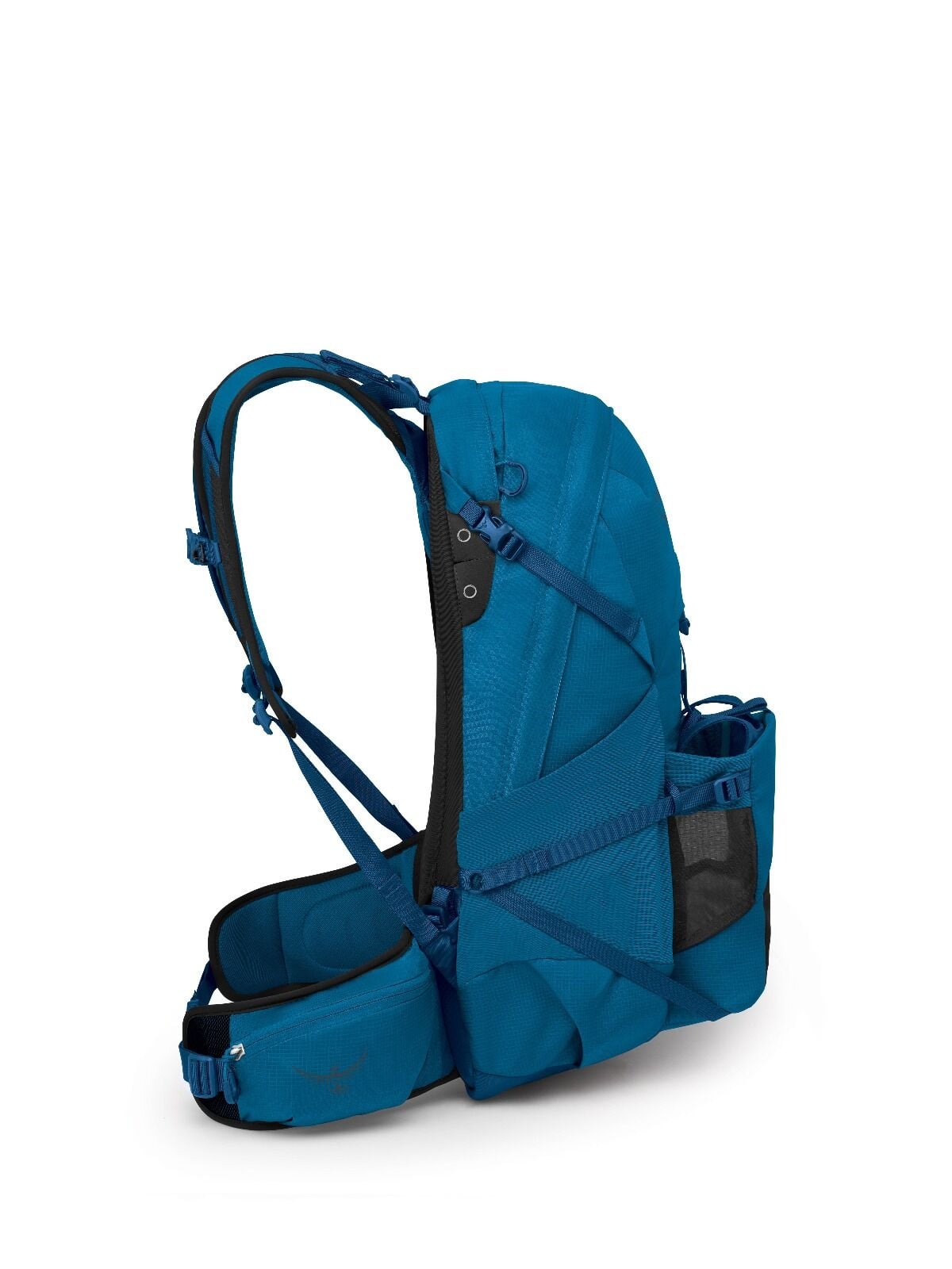 Blue hiking backpack with ergonomic design, adjustable straps, side mesh pocket, and padded hip belt. The tone conveys durability and adventure readiness.